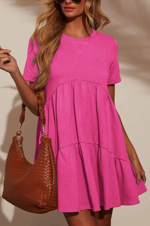 Tiered Round Neck Short Sleeve Mini Dress - Odaingerous
